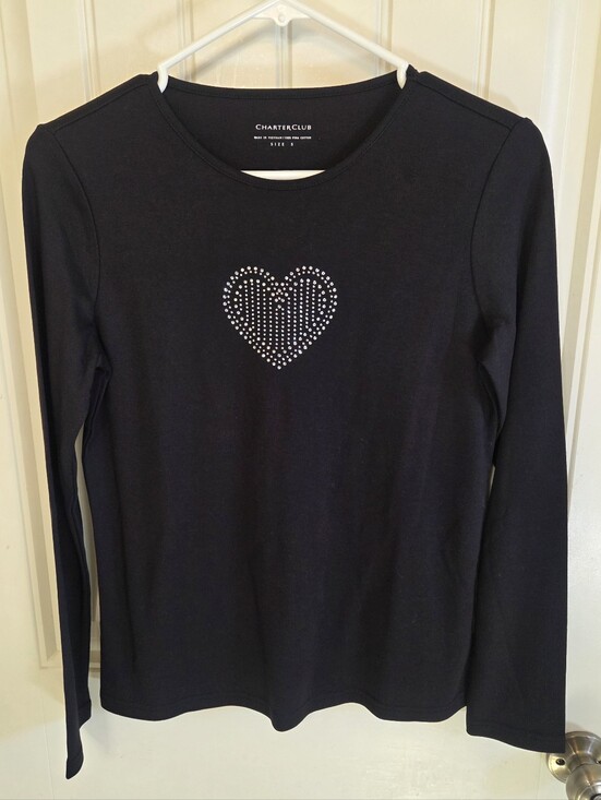 Charter Club Tops - Rhinestone Heart Black Longsleeve Shirt